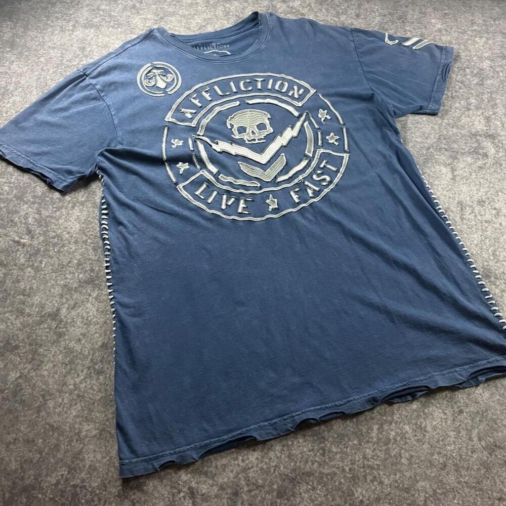 Vintage Affliction Men’s 2XL Blue “Live Fast” Skull Graphic T-Shirt Y2K Grunge